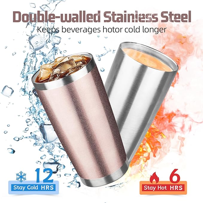 20 oz Tumbler with Lids and Straws, Stainless Steel Insulated Travel Coffee Mug, Double Wall Vacuum Insulated Tumblers, Powder Coated Coffee Tumbler for Cold & Hot Drinks (Rose Gold)