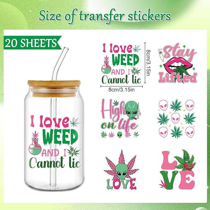 UV DTF Cup Wraps - 20 Sheets 420 Theme UV DTF Decals for 16 oz Glass Mugs, Tumblers, Weed Alien Lip Waterproof Rub on Transfer Stickers for DIY Wood Crafts