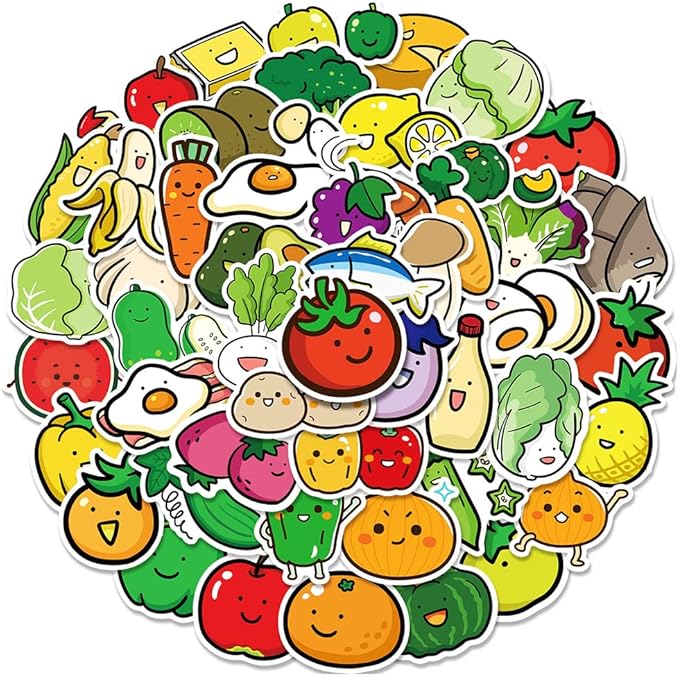 Various Cartoon Fruit & Vegetables(Tomatoes Lemon Onion) Stickers for Boy Girls Kids|50 Pcs|Cute Waterproof Vinyl Stickers for Laptop Phone Tablet Luggage,Stickers Decals Pack(Fruit & Vegetables)