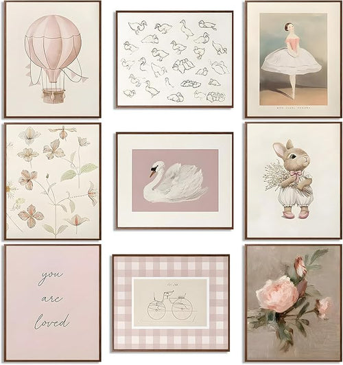9pcs Nursery Pink Wall Art Baby Girl Canvas Wall Art Vintage Floral Prints Kids by Unknown