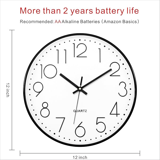 Foxtop Black Wall Clock 12 Inch Silent Non Ticking Quartz Battery Operated - Image 2