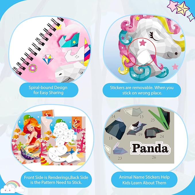 homicozy 4PCS Sticker Paint Books for Kids Ages 4-10,Unicorn Mermaid Animals Designs Paint by Stickers,Sticker by Numbers,Party Birthday Gifts for Girls 4-10,Create 40 Pictures One Stickers at A Time
