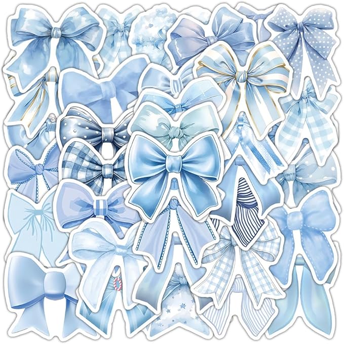 Blue Bow Stickers 50Pcs Vinyl Cute Aesthetic Bows Stickers for Water Bottle Scrapbook Laptop Luggage Helmet Bike Computer Motorcycle Skateboard,Waterproof Funny Trendy Decals for Teens Girls Women