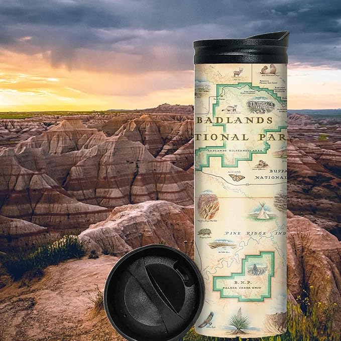 Xplorer Maps Badlands National Park Map 16 Oz Travel Drinkware with Spill-Resistant Lid - Stainless Steel Vacuum Insulated Coffee Tumbler