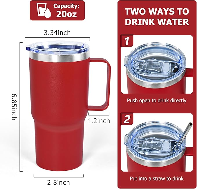 20 oz Tumbler with Handle, insulated cup coffee mug with lid, straw and handle, Double Wall Stainless Steel Vacuum Coffee Tumbler travel mug spill proof, 1pcs Red