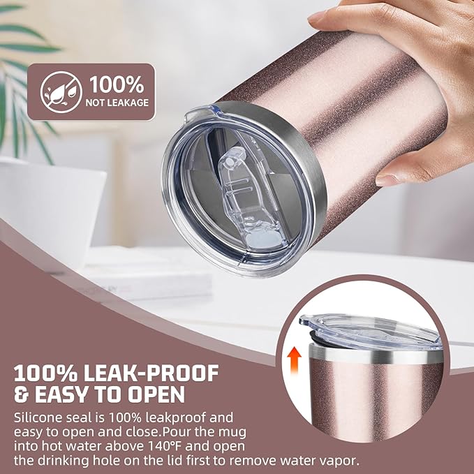 20 oz Tumbler with Lids and Straws, Stainless Steel Insulated Travel Coffee Mug, Double Wall Vacuum Insulated Tumblers, Powder Coated Coffee Tumbler for Cold & Hot Drinks (Rose Gold)
