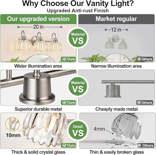 3-Light Bathroom Light Fixtures, Brushed Nickel Wall Lights - Image 2