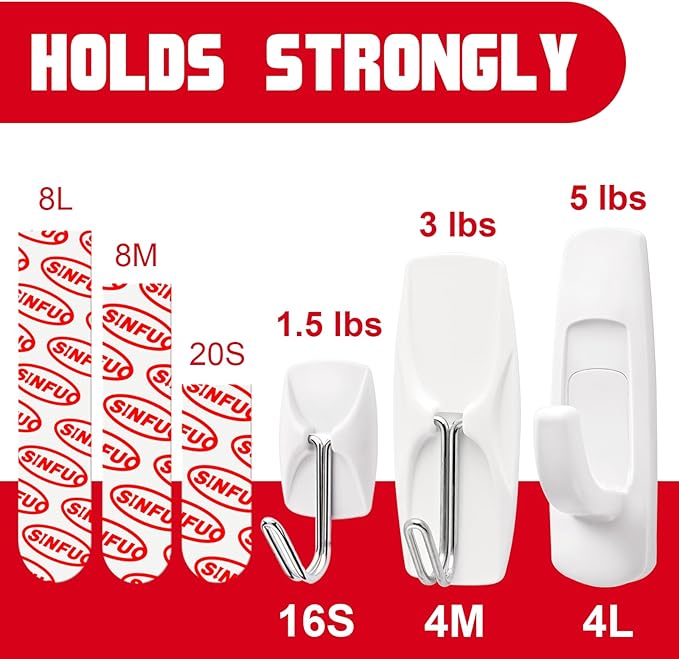 Sinfuo 24 Hooks for Hanging Variety Pack, Adhesive Wall Hooks Heavy Duty - Image 4