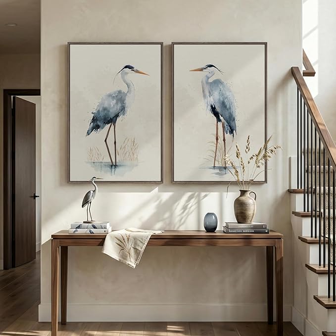 Large Framed Vintage Bird Wall Art, 2 Piece Neutral Blue Heron Canvas Painting - Image 8