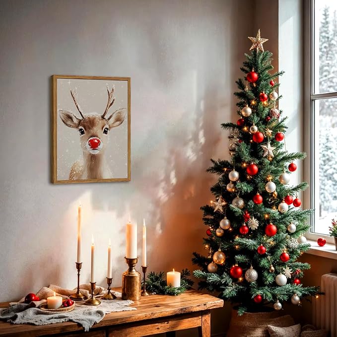 Framed Christmas Wall Art, Vintage Red Nose Reindeer Canvas Wall Decor Paintings - Image 3