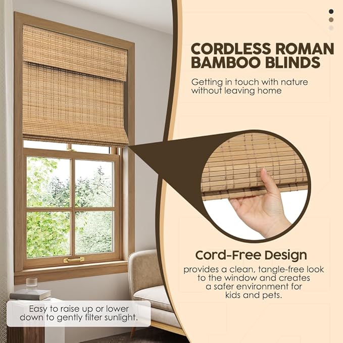 Cordless Bamboo Roman Shades, Light Filtering Bamboo Shades Blinds Window - Image 4