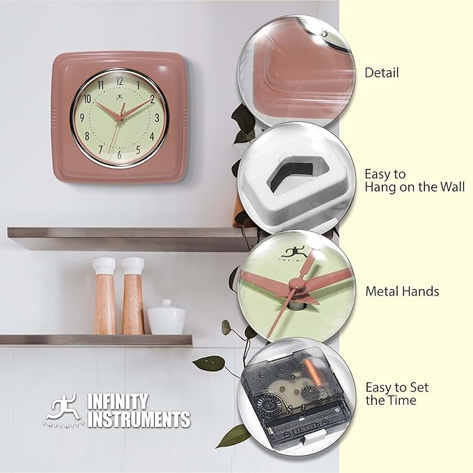 Infinity Instruments Square Retro Wall Clock, Terracotta - Image 6
