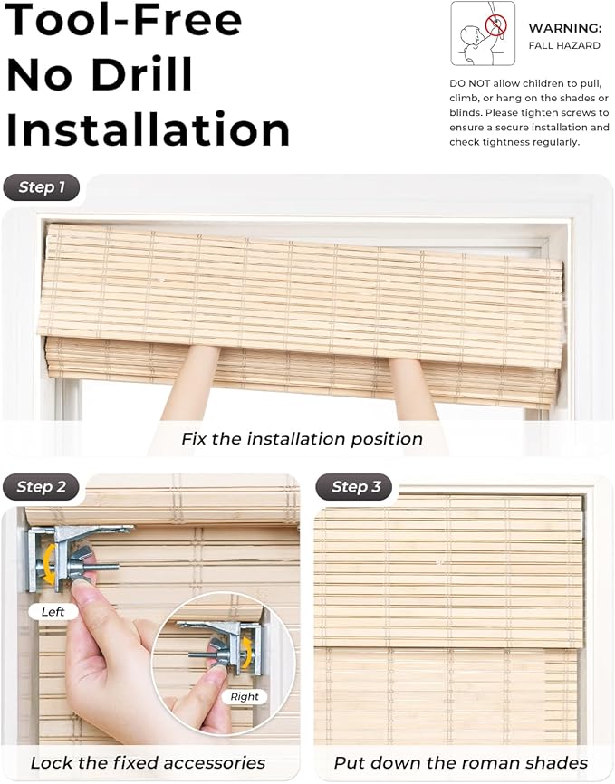 UNISHADES No Drill Cordless Bamboo Roman Shades, Light Filtering Woven Natural - Image 2