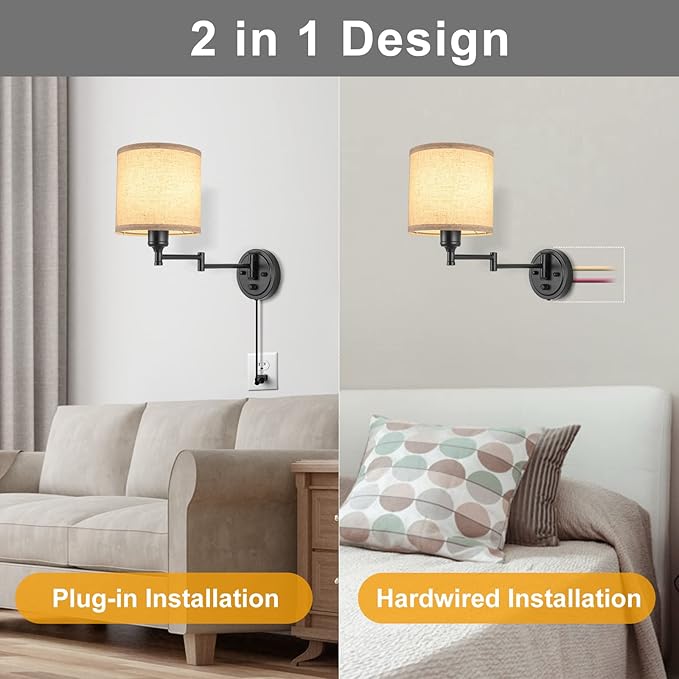 GOODATE ENCOMLI Dimmable Plug in Wall Sconces, Swing Arm Wall Lamp, Wall - Image 8