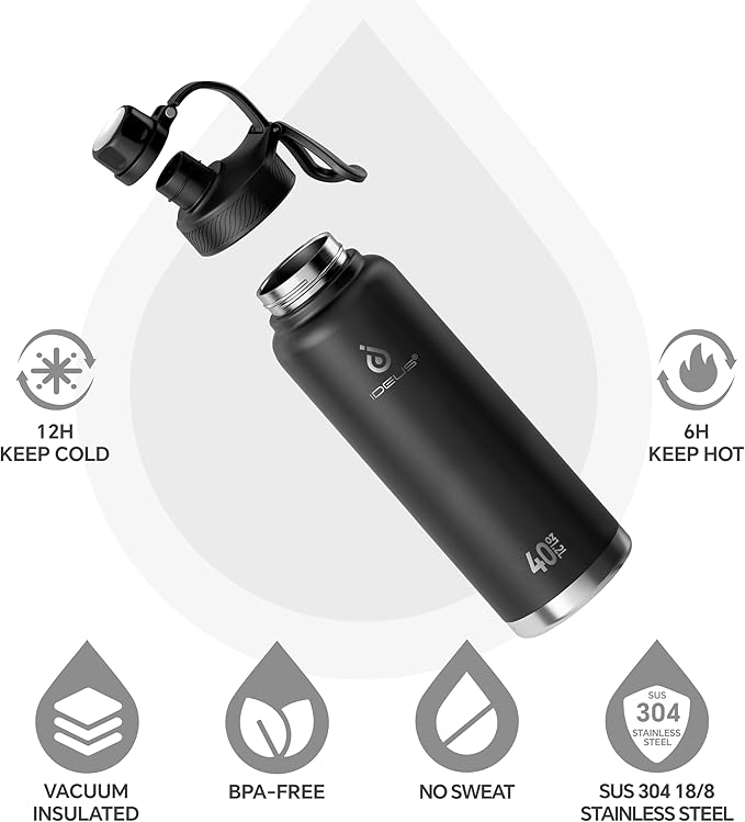 IDEUS Insulated Stainless Steel Water Bottle with 2 Leak-Proof Lids, Thermal Water Flask for Hiking Biking, Double Wall Insulation, 40oz, Black