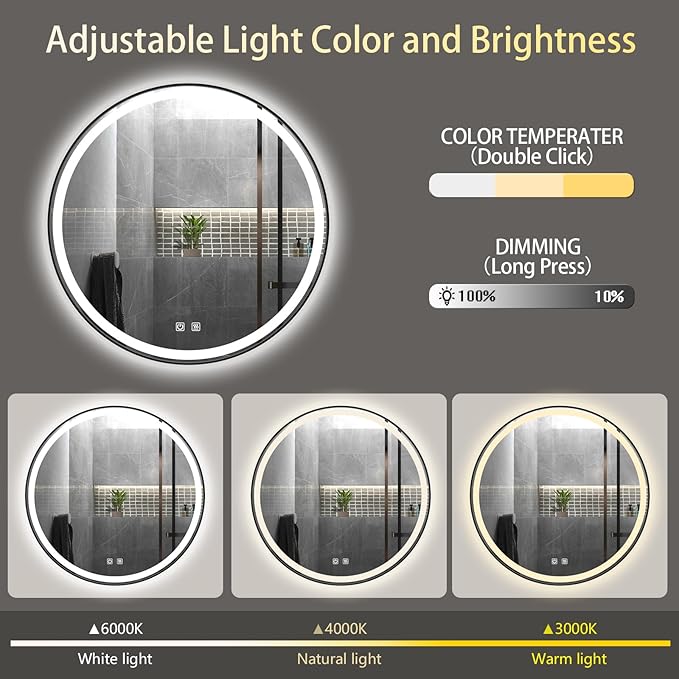 Itrue 36 Inch LED Bathroom Round Mirror, Adjustable Color Temp & Brightness - Image 4