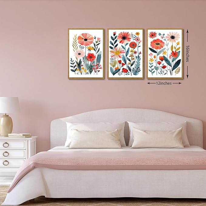 KISSFOX Colorful Wildflower Canvas Wall Art Set Of 3 Flowers Pictures Prints - Image 4