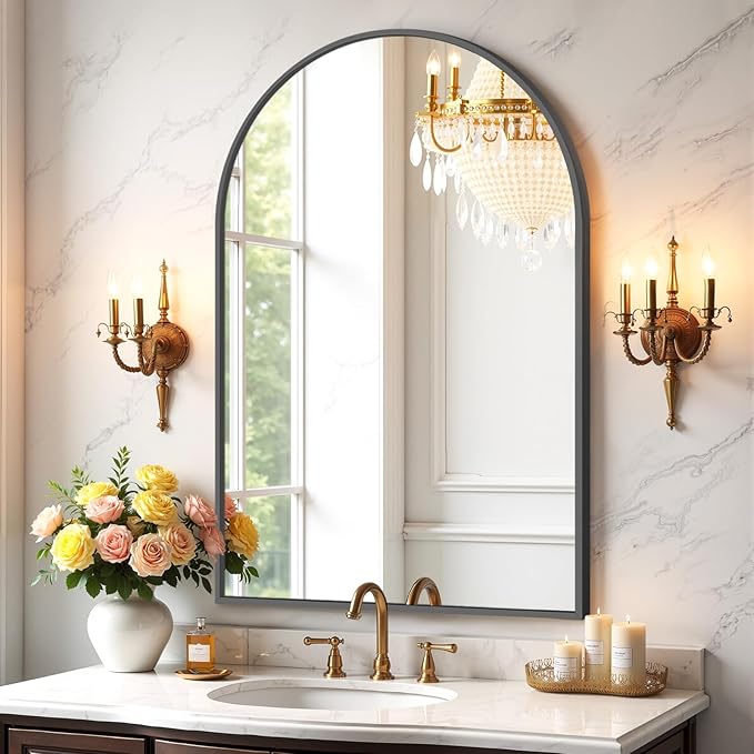 Bathroom Mirror for Wall, 38x26 Inch Arched Mirror, Matte Black Metal Framed by Atilioo