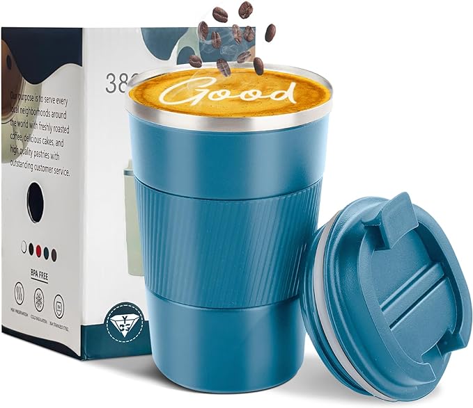 YINBAOGE Insulated Travel Coffee Mug, Spill & Leak Proof, Portable To Go Camping Stainless Steel Coffee Tumbler, Reusable Thermal Coffee Cup with Lid for Hot & Cold Drinks (Blue, 12 OZ)