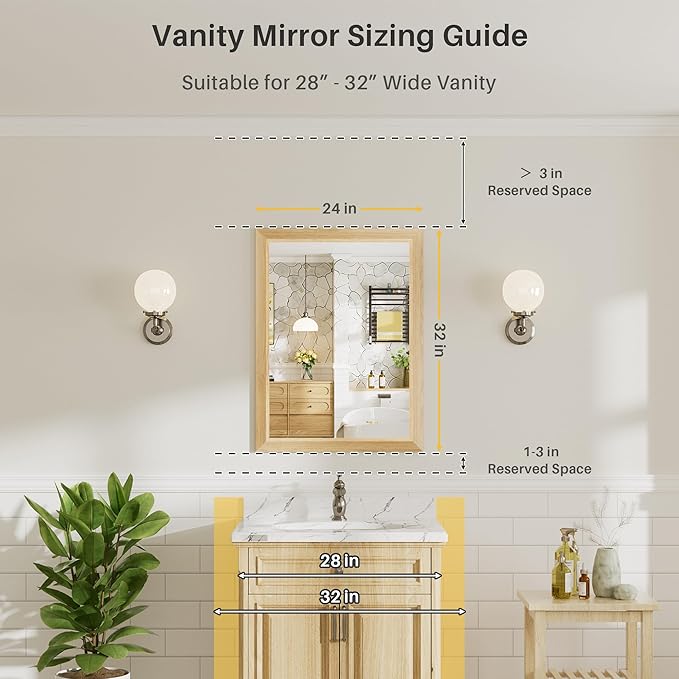 24x32 Inch Bathroom Mirror for Wall, Anti-Rust Oak Wood Grain Metal Framed - Image 2