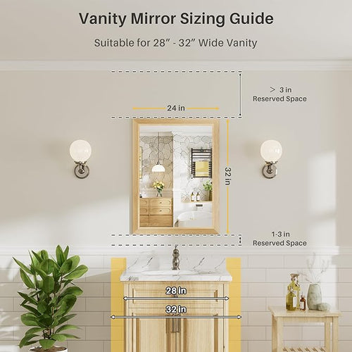 24x32 Inch Bathroom Mirror for Wall, Anti-Rust Oak Wood Grain Metal Framed - Image 2