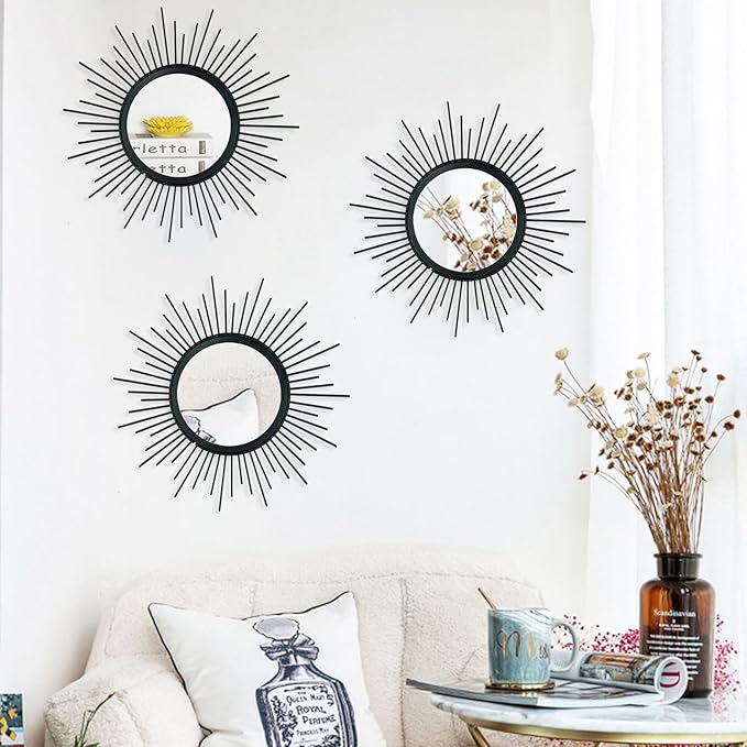 3 Pack Metal Mirrors for Wall Sunburst Wall Mirrors Home Décor Decorative - Image 4