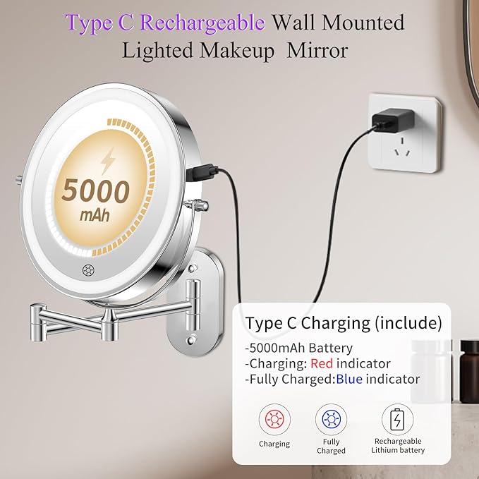 FUNTOUCH Rechargeable Wall Mounted Makeup Mirror - Image 3