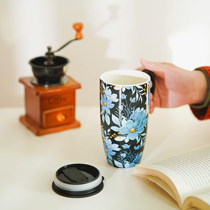 Topadorn Ceramic Mug Blue Flower Porcelain Coffee Mug with Gift Box,17oz. Blue Flower