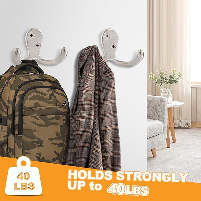25 Pack Coat Hooks Wall Hooks for Hanging, Heavy Duty Double Prong Metal Hook - Image 3