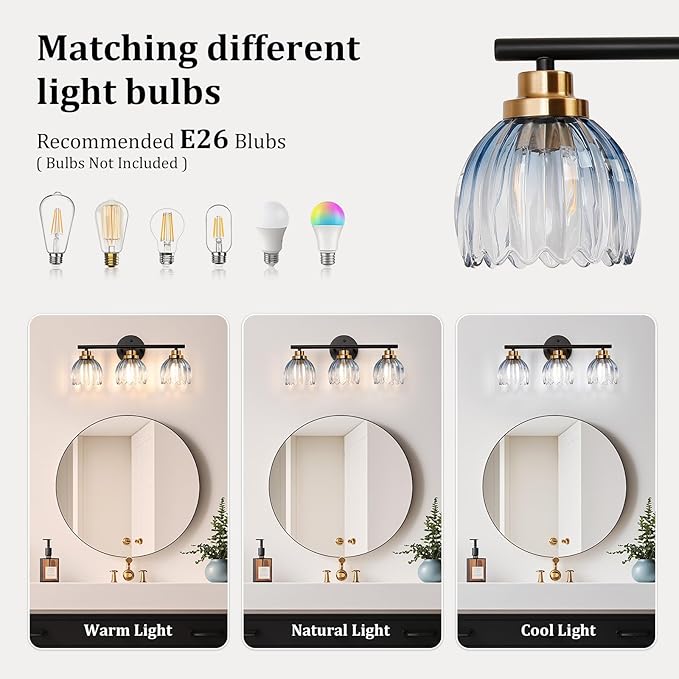 TALOYA Bathroom Vanity Light Fixtures, 3-Light Modern Black and Gold Wall - Image 7