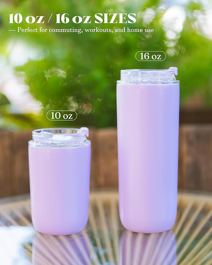 10 oz Insulated Coffee Tumblers, Travel Coffee Tumblers with Straw, Double-Wall Stainless Steel Tumbler, Leak Proof Tumbler, Reusable Cups with Lids for lced and Hot Drinks (Purple)