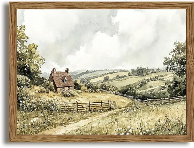 Framed Vintage Canvas Wall Art, Cottage Landscape Wall Decor Paintings by Unknown