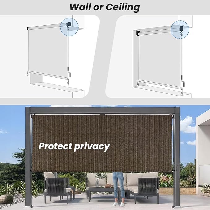 Custom Size Mocha Patio Shades Roll up Outdoor Roller Shade Crank Wand Blind - Image 4