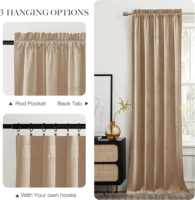 NICETOWN Beige Velvet Curtains 102 inches Long 52 inch Wide 2 Panels, Luxury - Image 6