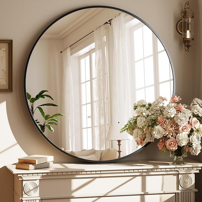 XRAMFY 42 Inch Round Black Metal Wall Mirror by XRAMFY