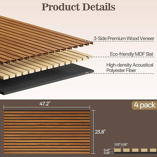 4 Pack Wood Panels for Wall, 47.24" x 23.81" Acoustic Wood Slat Wall Panel for - Image 2