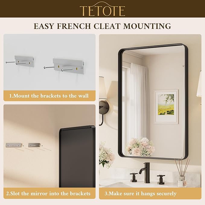 TETOTE 48 x 24 Inch Black Frame Mirror, Bathroom Vanity Mirror - Image 7