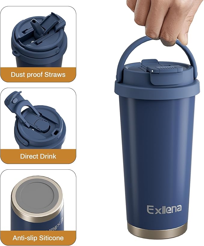 16oz Tumbler with 3 in 1 Lid - Travel Coffee Tumbler - 100% Leakproof and Spill Proof for Hot and Cold Drink - Coffee Mug for Travel, Office, School...(Denim Blue)