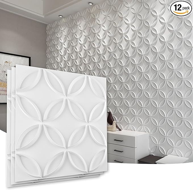Art3d PVC 3D Wall Panel Interlocked Circles in Matt White Cover 32 Sq.ft by Art3d