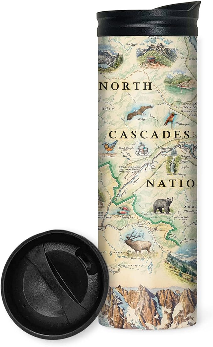 Xplorer Maps Washington's North Cascades National Park Map 16 Oz Travel Drinkware with Spill-Resistant Lid - Stainless Steel Vacuum Insulated Coffee Tumbler