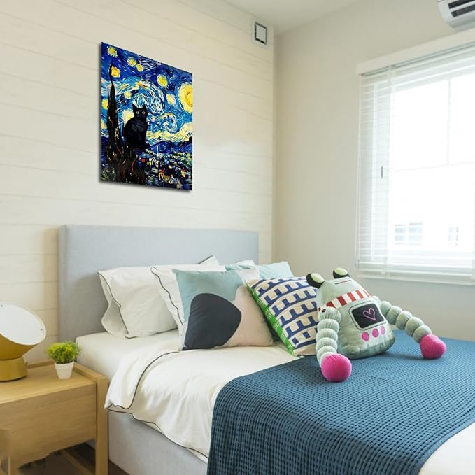 ALMLZL Framed Van Gogh The Starry Night Cat Canvas Wall Art Cute Funny Black - Image 7
