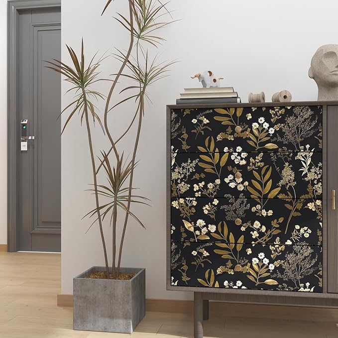 Laatse Black Gold Wallpaper Peel and Stick Dark Floral Wallpaper 17.5in x 118in - Image 3