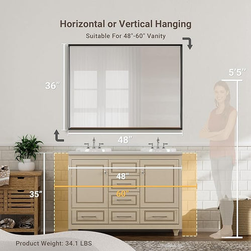 48 x 36 Black Framed Mirror for Bathroom, Beveled Black Bathroom Vanity Mirror - Image 2