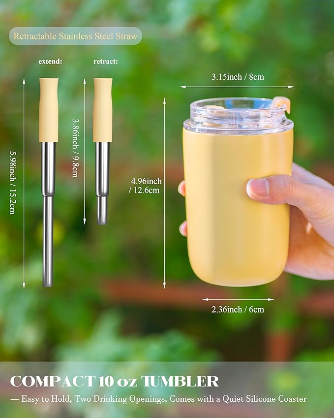 10 oz Insulated Coffee Tumblers, Travel Coffee Tumblers with Straw, Double-Wall Stainless Steel Tumbler, Leak Proof Tumbler, Reusable Cups with Lids for lced and Hot Drinks (Yellow)