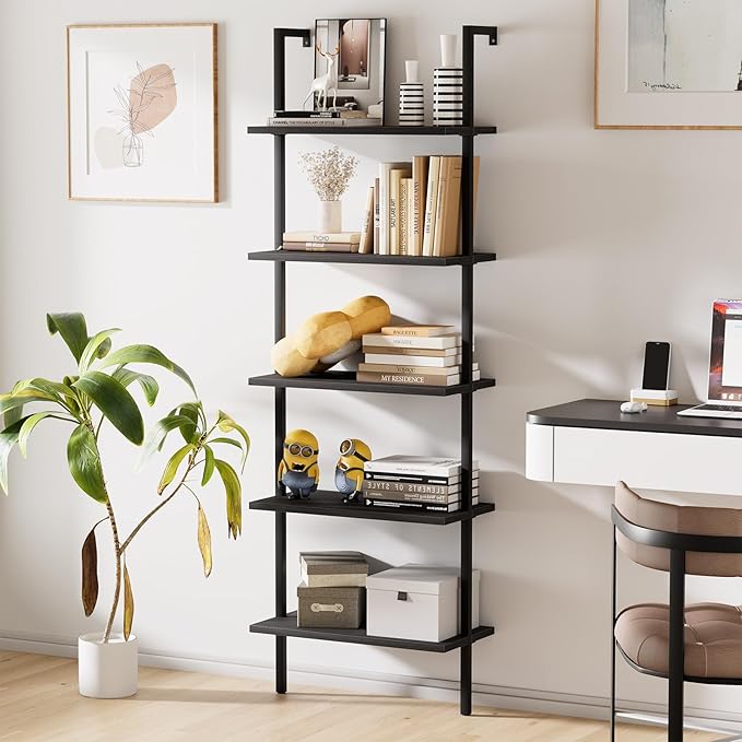aboxoo Ladder Shelf Open 5-Tier Bookshelf Wall-Mounted Black Wood Bookcase - Image 7