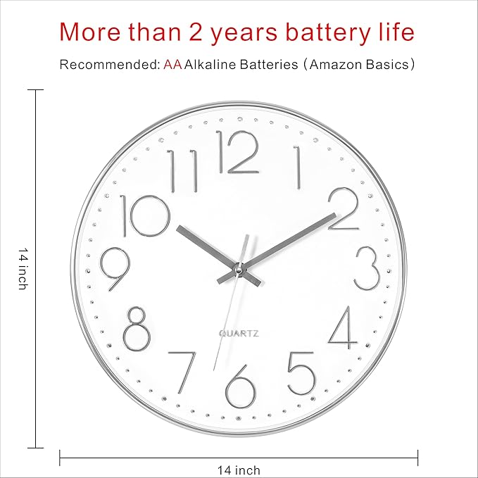 Foxtop Large Silver Wall Clock 14 Inch Silent Non-Ticking Battery Operated - Image 2