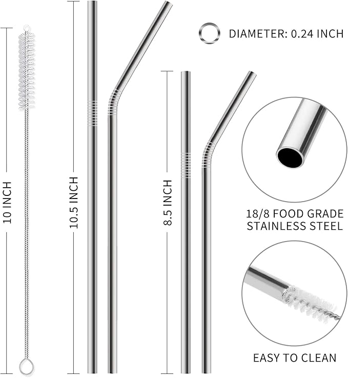 Hiware 12-Pack Reusable Stainless Steel Metal Straws with Case - Long Drinking Straws for 30 oz and 20 oz Tumblers Dishwasher Safe - 2 Cleaning Brushes Included