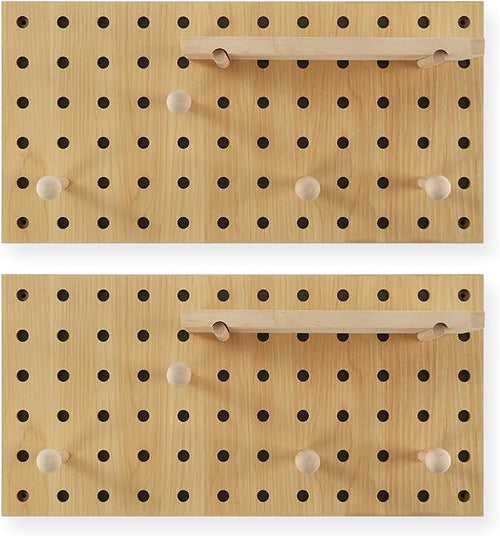 2 Pack Beige Wooden Pegboard, Modular Wall Organizer Storage Shelf - Image 2