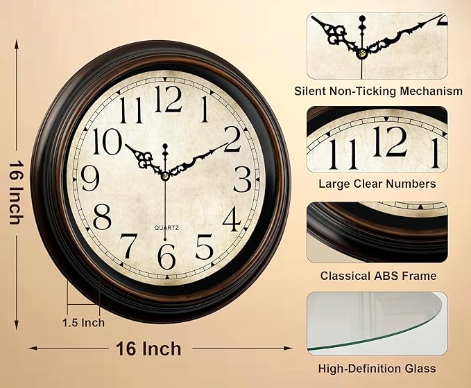 Vintage Wall Clock 16 Inch Quartz Silent Non-Ticking Analog Clock Battery - Image 3