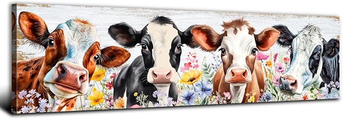Country Cow Canvas Wall Art Kitchen Wall Decor Vintage Funny Cattle Flowers by AREBOLOLLC